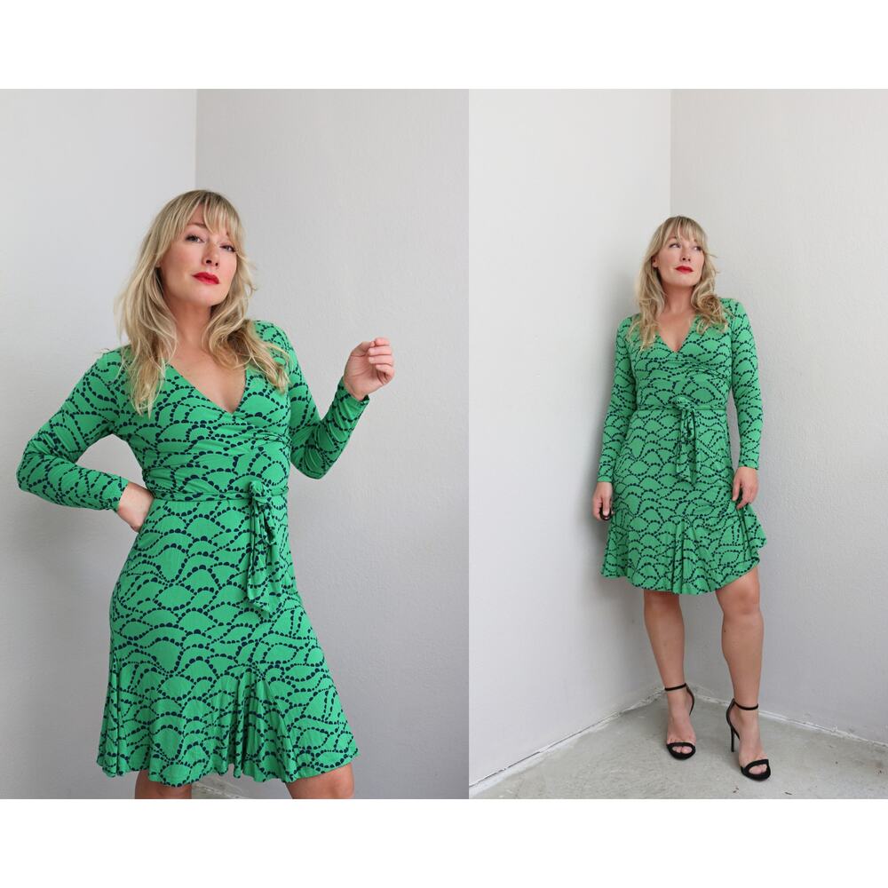 Y2K Vintage Boden Kelly Green & Navy Stretchy Wrap Midi Dress ~ Women's XS SM